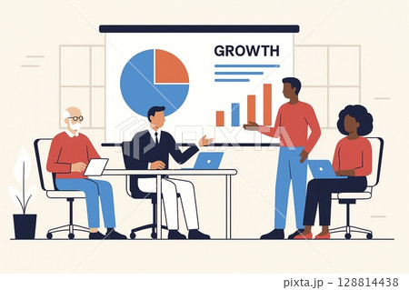 Multicultural team discusses growth and pie chart data in business strategy meeting. Ideal for teamwork, analytics, and modern corporate settings. 128814438