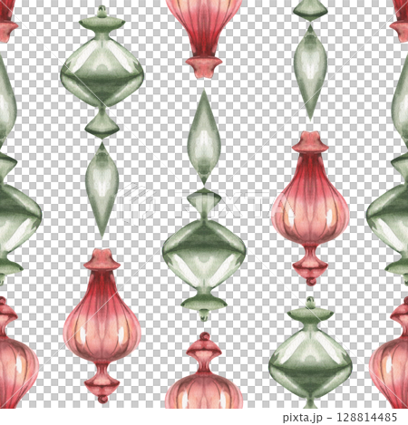 Red and green Christmas tree vintage glass balls watercolor seamless pattern. Hand drawn New year festive decoration background,winter seasonal decoration clipart for wallpaper, textile,fabric design Red and green Christmas tree vintage glass balls watercolor seamless pattern. Hand drawn New year festive decoration background,winter seasonal decoration clipart for wallpaper, textile,fabric design 128814485
