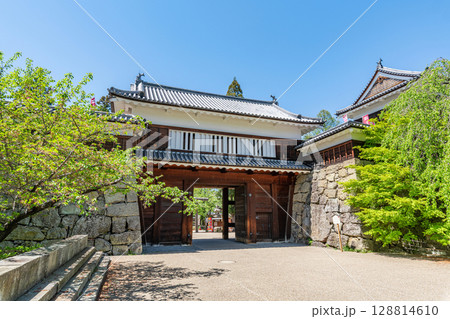 長野県上田市　快晴の上田城東虎口櫓門と真田石 128814610