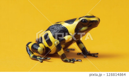 Yellow-banded poison dart frog on a bright yellow background, striking patterns. 128814864