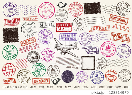 Vintage Travel Stamps grunge postage stamp set. Old destination Post stamp collection. Retro grunge postmark. Vintage grunge postage stamp. Postal Vector illustration image. Isolated on background. 128814979
