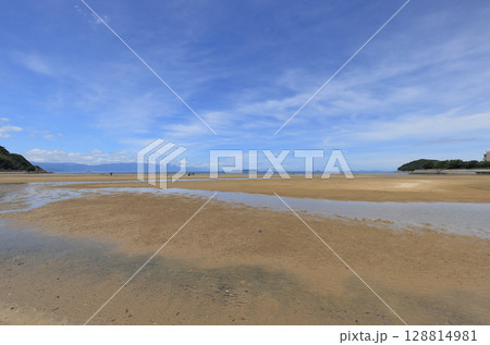 盛夏の父毋が浜から、燧灘に浮かぶいりこの島、伊吹島を見る 128814981