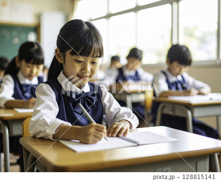 笑顔で学ぶ小学生の女の子（日本人）：明るい教室での学習風景 128815141