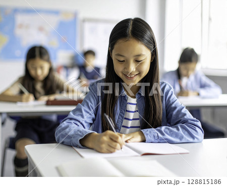 教室で笑顔で学ぶ小学生の女の子・カジュアルな学習風景 128815186