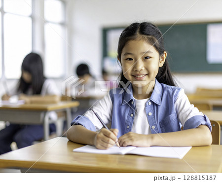 教室で笑顔を見せる小学生の女の子・明るい学習風景 128815187