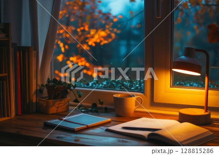 テーブルの上に置いたコーヒーと手帳 128815286