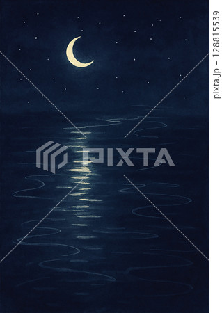 月明かりの水面夜景パターン背景 128815539