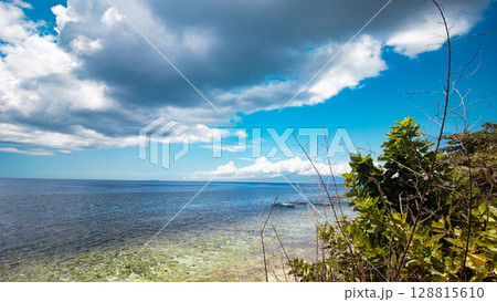 A wide ocean view framed by greenery in the foreground, dynamic clouds, and a bright blue summer sky. Siquijor island, Philippines 128815610