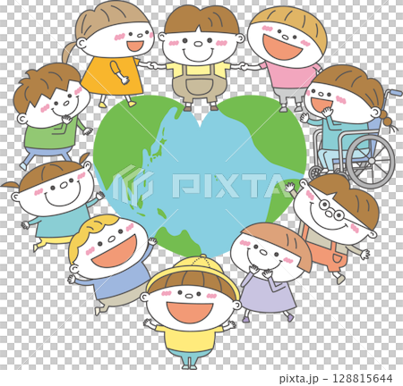 Diverse children surrounding a heart-shaped globe | SDGs, coexistence, and the future 128815644