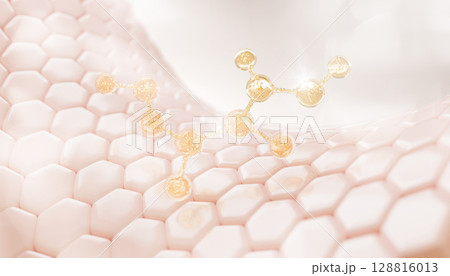 Pink skin cells with hexagon pattern and molecules. Epidermis layer with gold oil drops, liquid serum, retinol bubbles, elastin collagen moisture cream. Cosmetic skincare background. 3D illustration 128816013