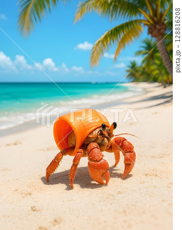 プラスチックの殻で歩くヤドカリ プラスチックの殻で歩くヤドカリ 128816208