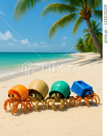 カラフルな人工殻を背負うヤドカリたち 128816209