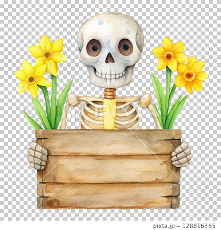 A cute skeleton holding a blank wooden sign 128816385