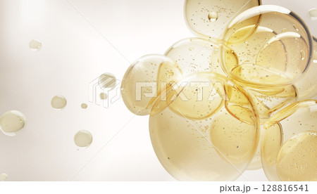 Oil bubbles texture 3d background. Gold liquid transparent drops of serum, collagen gel or retinol vitamin. Cosmetic skincare essential product. Yellow water, honey or syrup blobs. 3D illustration 128816541