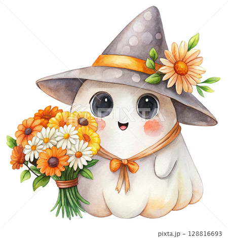 Cute kawaii ghost hugging a smiling Witch hat...のイラスト素材 [128816693] - PIXTA