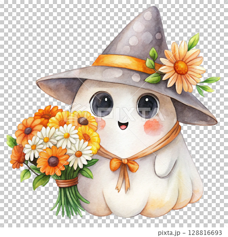 Cute kawaii ghost hugging a smiling Witch hat...のイラスト素材 [128816693] - PIXTA