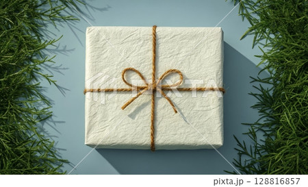 Wrapped gift box with twine displayed on a blue background surrounded by greenery during daylight hours 128816857