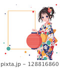 浴衣を着た若い女性と青空のイラストフレーム 128816860