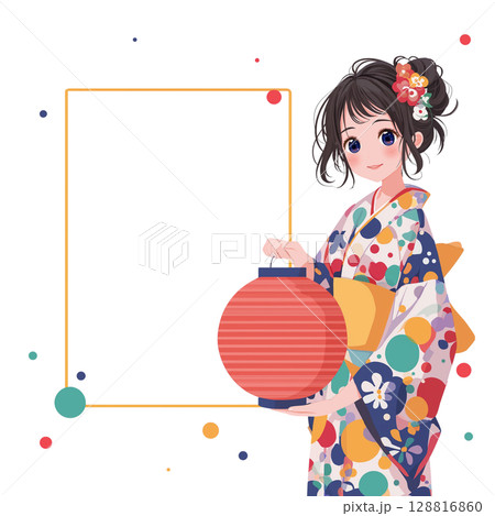 浴衣を着た若い女性と青空のイラストフレーム 128816860