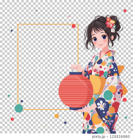 浴衣を着た若い女性と青空のイラストフレーム 128816860