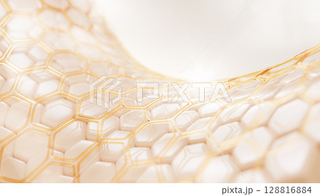 Epidermis skin layer with gold liquid hexagon oil pattern. Cosmetic skincare background with honeycomb geometric cell texture. Serum, retinol vitamin, elastin collagen moisture cream. 3D illustration 128816884