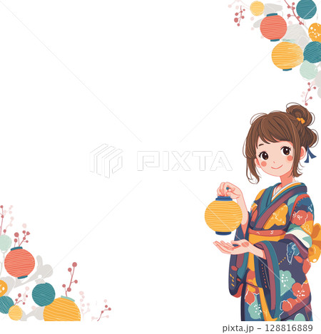 浴衣を着た女性と花火フレーム 128816889