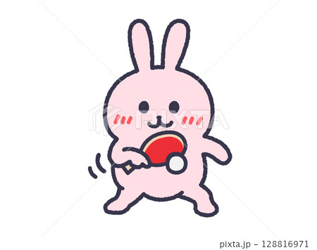 卓球のバックハンドを打つ、うさぎ（線画カラー）のイラスト 128816971