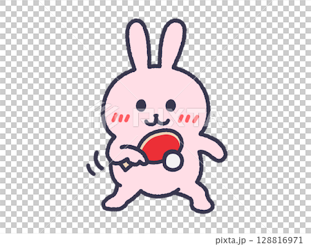 Illustration of a rabbit hitting a backhand in table tennis (line drawing, color) 128816971