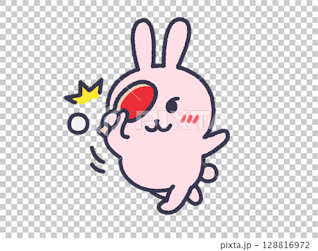 Illustration of a rabbit hitting a table tennis smash (line drawing in color) 128816972