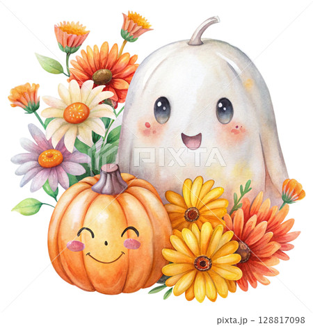 Cute kawaii ghost hugging a smiling jack lantern pumpkin 128817098