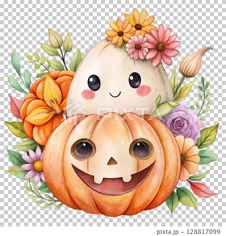 Cute kawaii ghost hugging a smiling jack lantern pumpkin 128817099