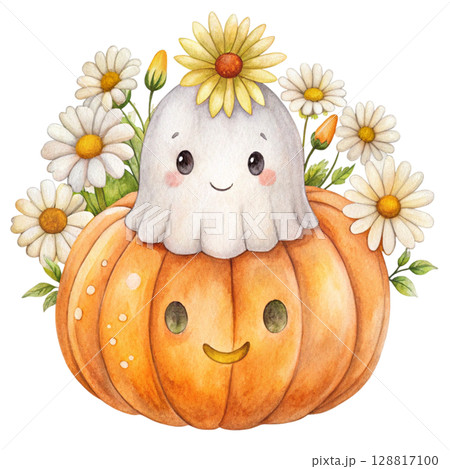 Cute kawaii ghost hugging a smiling jack lantern pumpkin 128817100