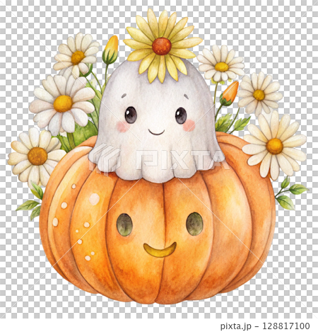 Cute kawaii ghost hugging a smiling jack lantern pumpkin 128817100