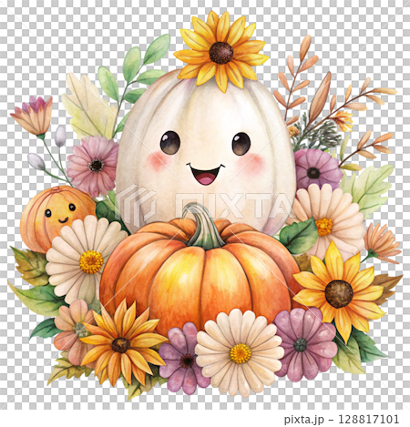 Cute kawaii ghost hugging a smiling jack lantern pumpkin 128817101
