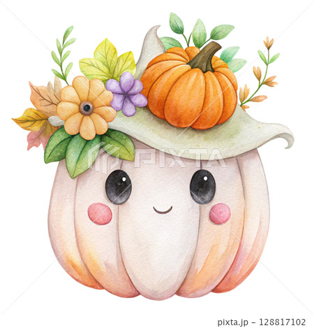 Cute kawaii ghost hugging a smiling jack lantern pumpkin 128817102