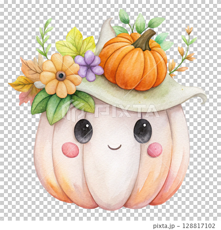 Cute kawaii ghost hugging a smiling jack lantern pumpkin 128817102
