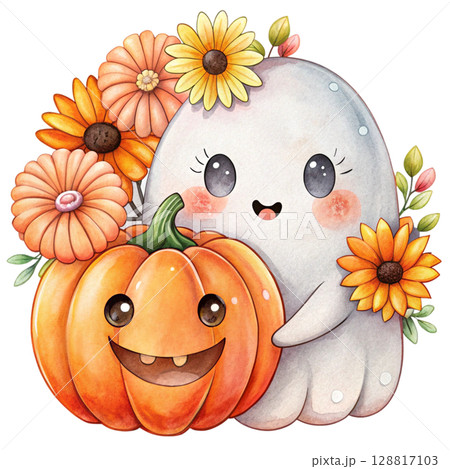 Cute kawaii ghost hugging a smiling jack lantern pumpkin 128817103