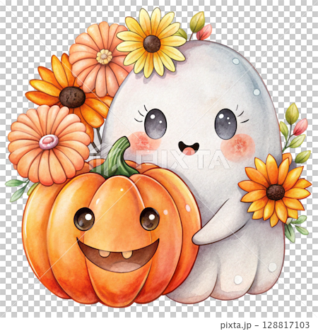 Cute kawaii ghost hugging a smiling jack lantern pumpkin 128817103