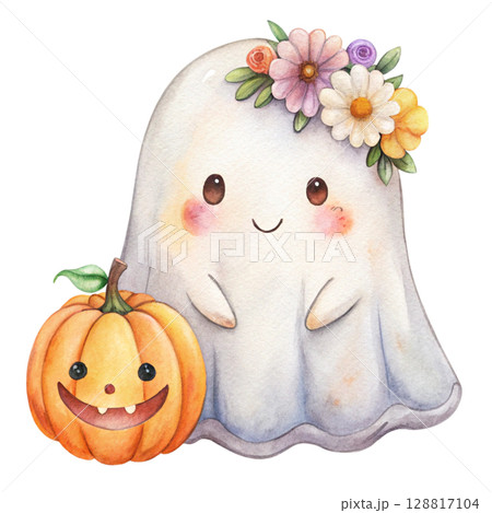 Cute kawaii ghost hugging a smiling jack lantern pumpkin 128817104