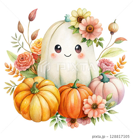 Cute kawaii ghost hugging a smiling jack lantern pumpkin 128817105