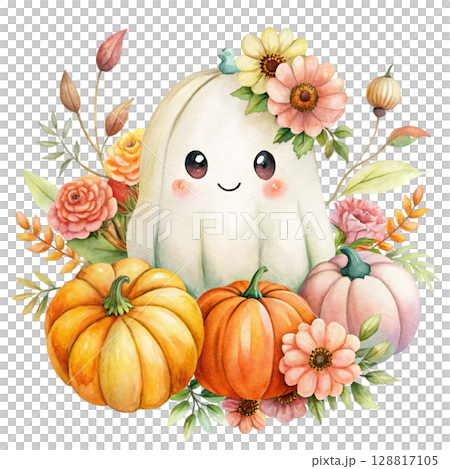 Cute kawaii ghost hugging a smiling jack lantern pumpkin 128817105