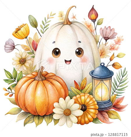 Cute kawaii ghost hugging a smiling jack...のイラスト素材 [128817115] - PIXTA