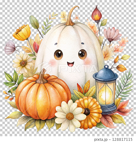 Cute kawaii ghost hugging a smiling jack...のイラスト素材 [128817115] - PIXTA