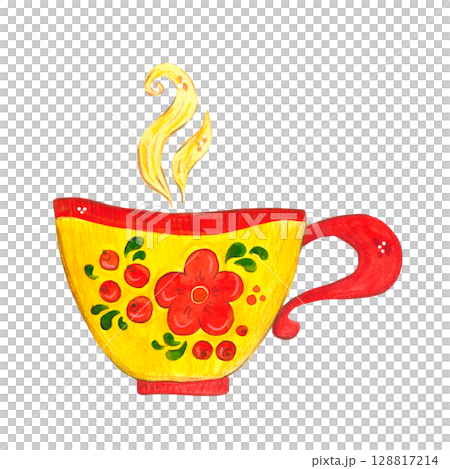 Mug with traditional Khokhloma pattern. Bright watercolor illustration, hand-drawn, cartoonish. Drawing for stickers, scrapbooking. Maslenitsa, tea party, dishes, ornament, traditions, folk Mug with traditional Khokhloma pattern. Bright watercolor illustration, hand-drawn, cartoonish. Drawing for stickers, scrapbooking. Maslenitsa, tea party, dishes, ornament, traditions, folk 128817214