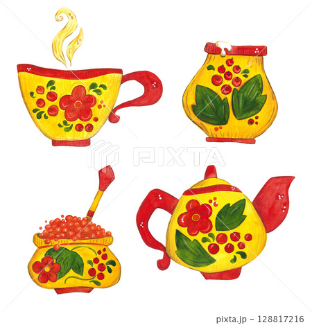 A set of bright dishes in Khokhloma painting for the Maslenitsa holiday. Watercolor illustration hand drawn in, cartoon. Maslenitsa, bright, cartoon, caviar, teapot, cup, mug, dishes A set of bright dishes in Khokhloma painting for the Maslenitsa holiday. Watercolor illustration hand drawn in, cartoon. Maslenitsa, bright, cartoon, caviar, teapot, cup, mug, dishes 128817216