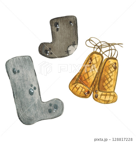 Traditional Slavic shoes, felt boots, bast shoes. Watercolor illustration hand drawn, cartoon. Drawing for stickers, print, poster. Maslenitsa holiday, Shrovetide, carnival, Maslenitsa Traditional Slavic shoes, felt boots, bast shoes. Watercolor illustration hand drawn, cartoon. Drawing for stickers, print, poster. Maslenitsa holiday, Shrovetide, carnival, Maslenitsa 128817228