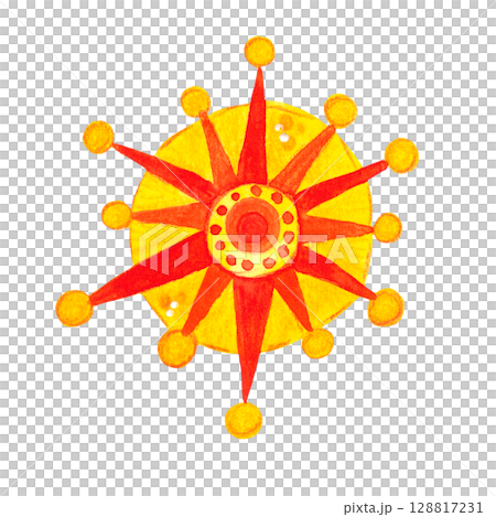 Sun, bright, cartoon, decoration. Watercolor illustration hand drawn. Drawing for postcards, stickers, print. Children, holiday, Maslenitsa, decor, party, summer, fairy tale 128817231