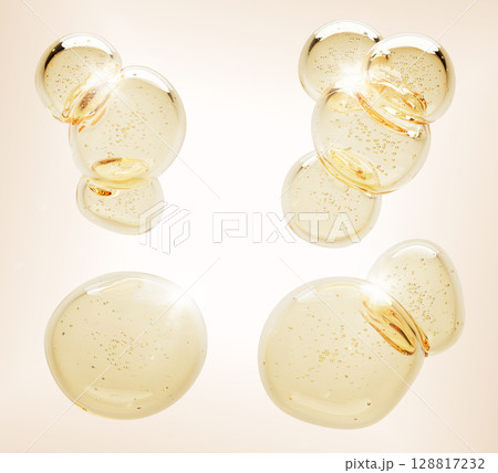 Gold serum or yellow argan oil render droplet set. Isolated 3d honey drop, collagen gel, retinol vitamin. Liquid transparent stain with bubble top view. Keratin cosmetic fluid puddle. 3D illustration 128817232