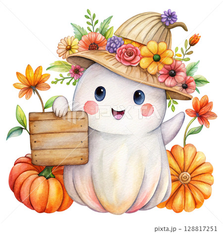 Cute kawaii ghost hugging a smiling jack o...のイラスト素材 [128817251] - PIXTA