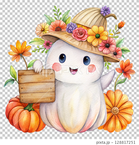 Cute kawaii ghost hugging a smiling jack o...のイラスト素材 [128817251] - PIXTA